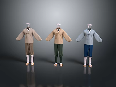 Traditional Korean Hanbok Clothing On Three Mannequins With Colored Tops Dark Pants And White Shoes 3d model