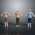Traditional Korean Hanbok Clothing On Three Mannequins With Colored Tops Dark Pants And White Shoes