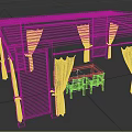 Wooden Pergola With Brown Roof Louvered Sides And Beige Curtains Over Table Chairs