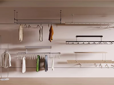 Various Types Of Clothing Racks With Hanging Clothes In Minimalist Interior 3d model