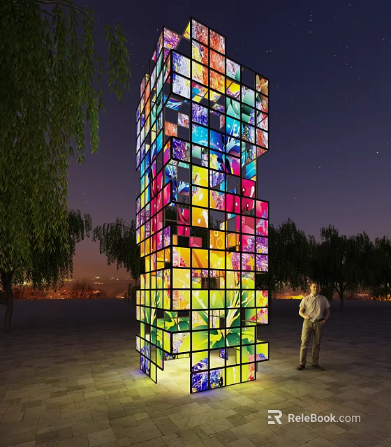 Colorful Illuminated Tower Installation With Trees And Person Standing At Night 3d model 