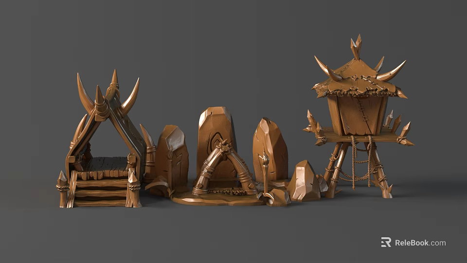 Detailed Artisan Carved Wooden Sculptures With Spiked Structures And Platform Designs 3d model 