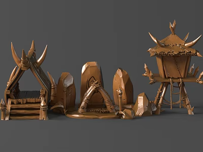 Detailed Artisan Carved Wooden Sculptures With Spiked Structures And Platform Designs 3d model