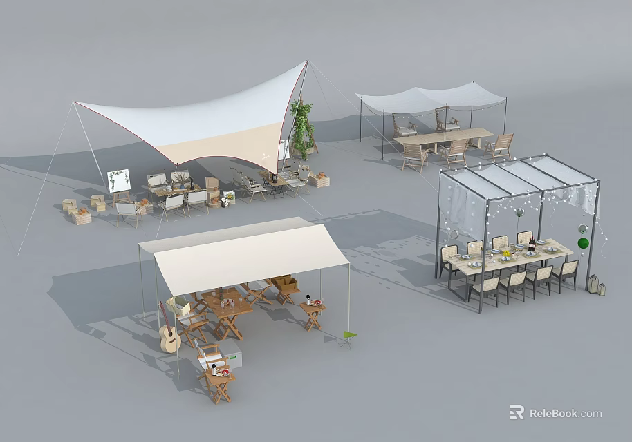 Outdoor Table Setup With Multiple Canopies Chairs And Green Plants In Leisure Space 3d model 