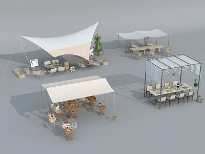 Outdoor Table Setup With Multiple Canopies Chairs And Green Plants In Leisure Space 3d model