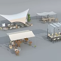 Outdoor Table Setup With Multiple Canopies Chairs And Green Plants In Leisure Space
