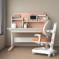 Pink And White Student Study Desk With Bookshelf Calendar Stationery And Ergonomic Chair