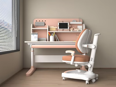 Pink And White Student Study Desk With Bookshelf Calendar Stationery And Ergonomic Chair 3d model