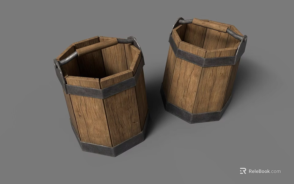 Traditional Wooden Buckets With Metal Hoops As Essential Agricultural Equipment For Farms 3d model 