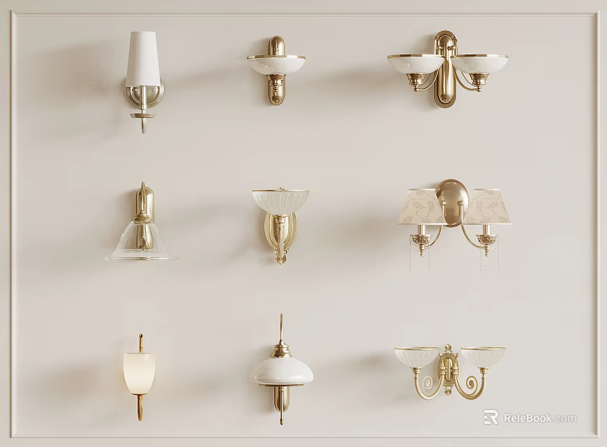 Different Styles of Wall Sconces with Gold and White Finishes and Glass Shades 3d model 