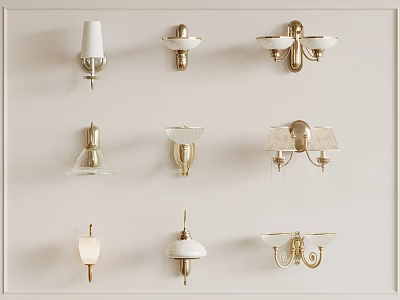 Different Styles of Wall Sconces with Gold and White Finishes and Glass Shades 3d model
