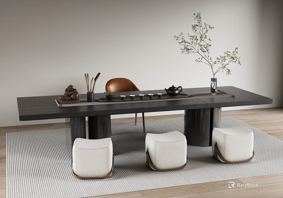 Modern Tea Table and Chairs with Dark Surface Tea Set Decorative Plant and White Stools 3d model 