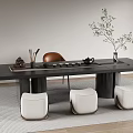 Modern Tea Table and Chairs with Dark Surface Tea Set Decorative Plant and White Stools