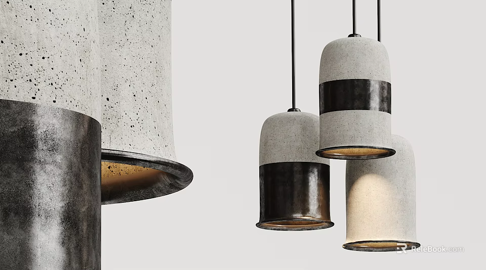Hanging Modern Cylindrical Pendant Lights With Concrete Metal Gray Black White Design And Warm Light 3d model 