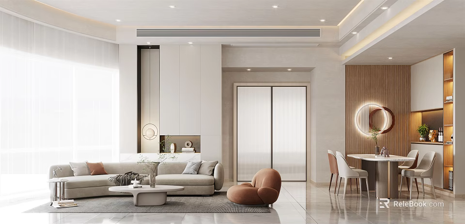 Modern Living And Dining Room Interior With Sofa Coffee Table Dining Table And Decor Elements 3d model 