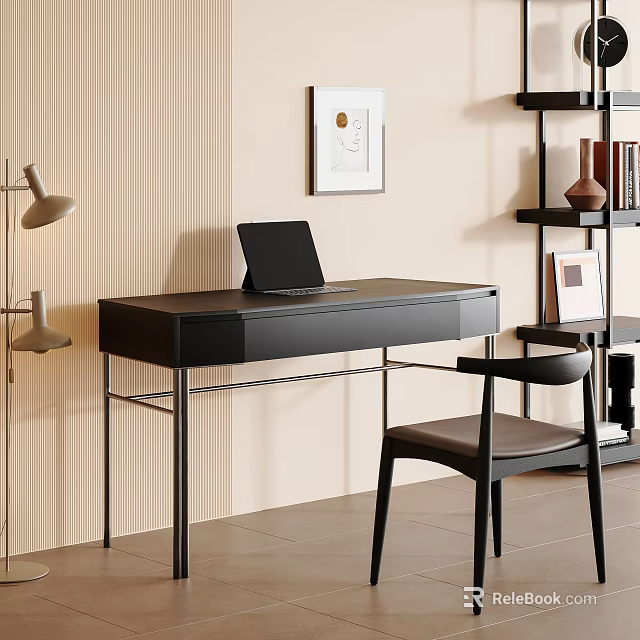 Modern Black Desk Interior With Laptop Chair Lamp Bookshelf And Wall Art 3d model 