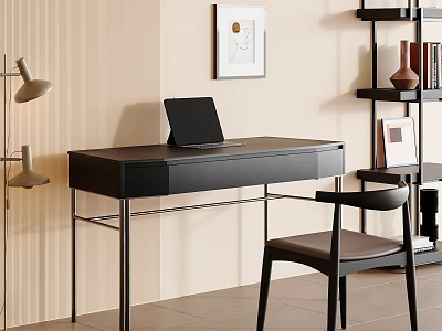 Modern Black Desk Interior With Laptop Chair Lamp Bookshelf And Wall Art 3d model