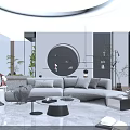 Modern Living Room Interior With Beige Sofa Round Mirror Coffee Table And Plants