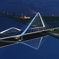 Modern Cable Stayed Landscape Bridge With Nighttime Blue Sky And Water Reflection 3d model
