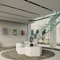 Modern Art Gallery Interior With Colorful Hanging Decorations White Pedestals Sculptures And Paintings