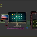 Modern Desktop Computer Setup With Monitor PC Case Green Fans Keyboard Mouse And Laptop