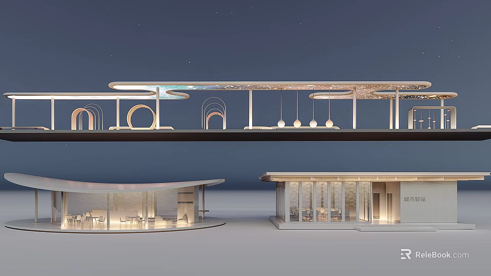 Garden Landscape Design with Modern Overhead Walkway Curved Buildings and Outdoor Lighting 3d model 