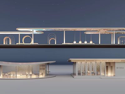 Garden Landscape Design with Modern Overhead Walkway Curved Buildings and Outdoor Lighting 3d model