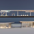 Garden Landscape Design with Modern Overhead Walkway Curved Buildings and Outdoor Lighting