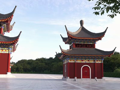 Ancient Chinese Architecture Featuring Red Walls Curved Eaves Black Tiled Roofs In Open Square 3d model