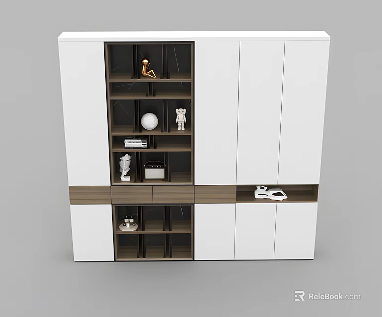Modern White Storage Cabinet With Wooden Trim And Multiple Shelves For Decorative Items 3d model 