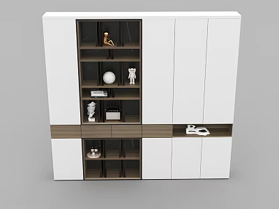 Modern White Storage Cabinet With Wooden Trim And Multiple Shelves For Decorative Items 3d model