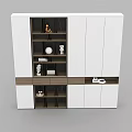 Modern White Storage Cabinet With Wooden Trim And Multiple Shelves For Decorative Items