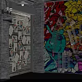 Vibrant Urban Alleyway With Colorful Graffiti Wall Green Awning And Retro Signboard