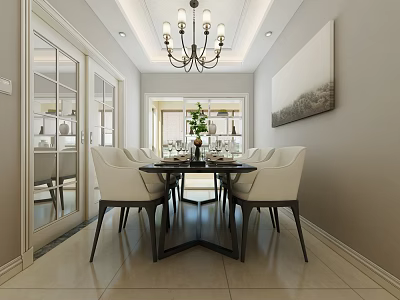 Elegant Dining Room Interior With Chandelier White Chairs Green Plant And Wall Painting 3d model