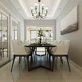 Elegant Dining Room Interior With Chandelier White Chairs Green Plant And Wall Painting