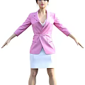 A Woman Wearing Pink Blazer And White Skirt With Hands Clasped In Front