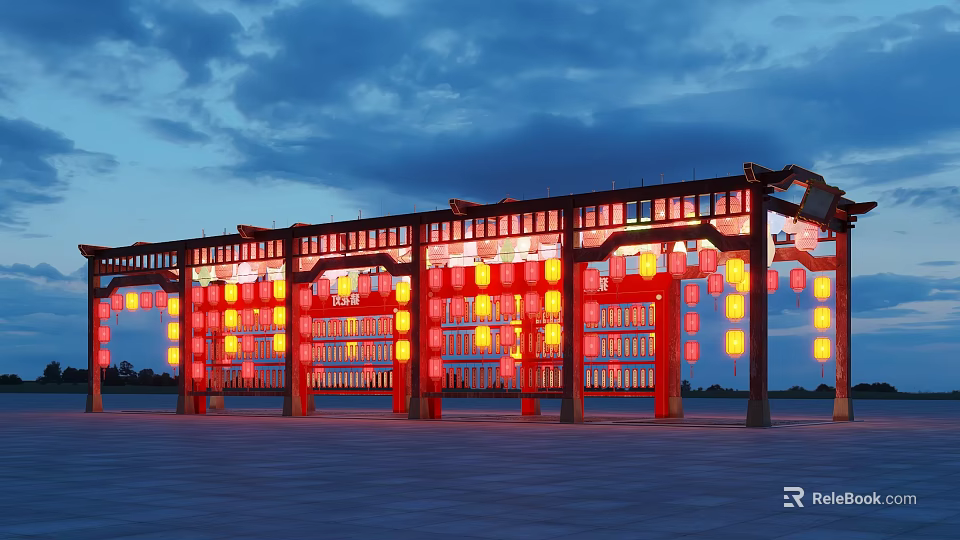 Chinese Style Elevator Hallway With Red Lanterns And Illuminated Wooden Structure 3d model 