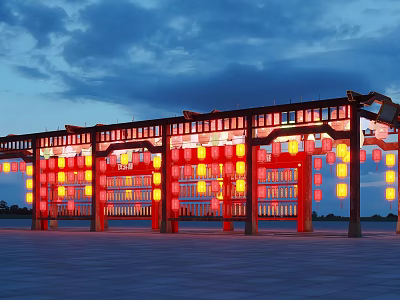Chinese Style Elevator Hallway With Red Lanterns And Illuminated Wooden Structure 3d model