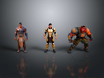 Three Diverse Fantasy Characters Featuring Armor Muscular Build And Red Skinned Horned Design 3d model