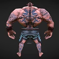 Game Movie Character Muscular Male with Tattoos Mask Tribal Decorations and Shorts