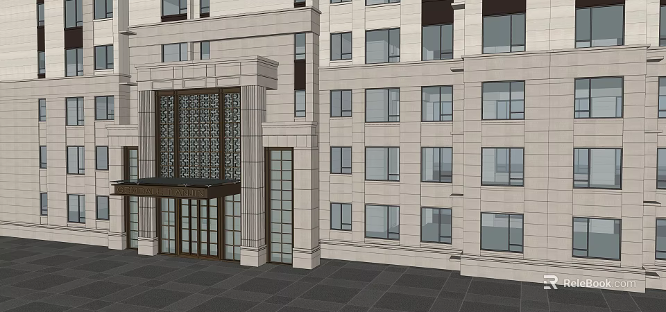 Modern Building Main Entrance Gate Design With Stone Facade And Glass Doors 3d model 