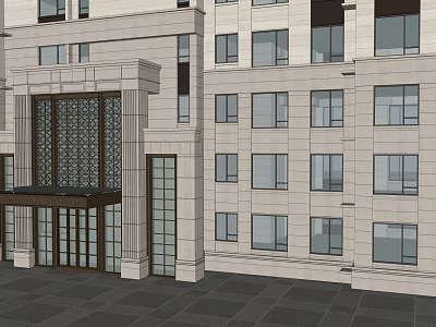 Modern Building Main Entrance Gate Design With Stone Facade And Glass Doors 3d model