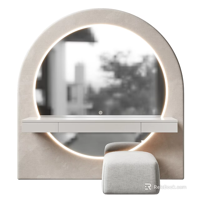 Modern Dressing Table with Round Illuminated Mirror White Countertop and Stool 3d model 