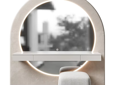 Modern Dressing Table with Round Illuminated Mirror White Countertop and Stool 3d model
