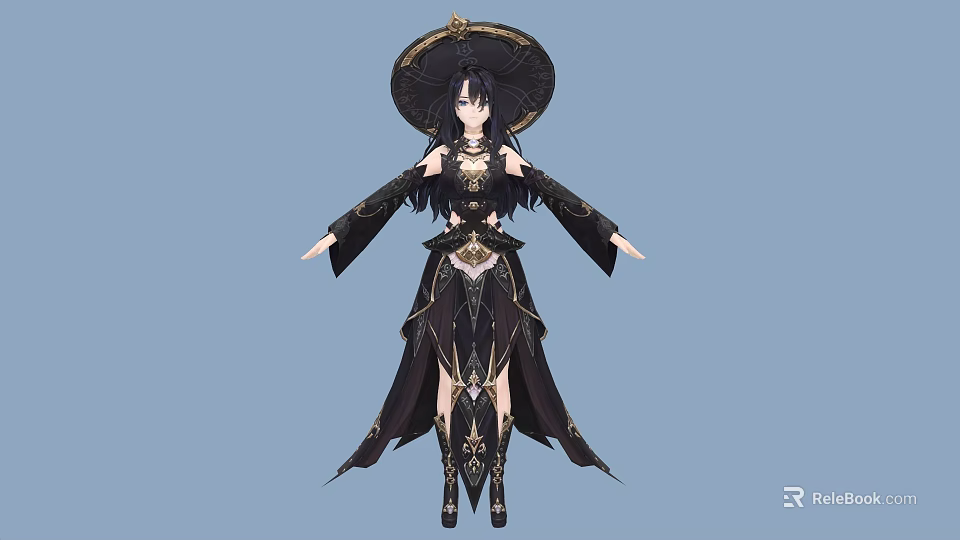 Woman In Ancient Style Black Traditional Outfit With Wide Brimmed Hat And Golden Decorations 3d model 