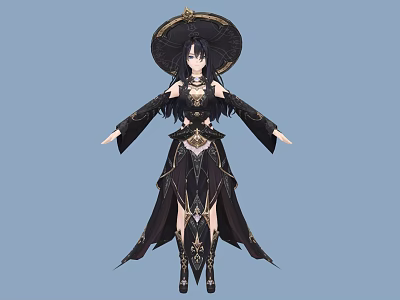 Woman In Ancient Style Black Traditional Outfit With Wide Brimmed Hat And Golden Decorations 3d model
