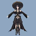 Woman In Ancient Style Black Traditional Outfit With Wide Brimmed Hat And Golden Decorations