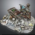 Abandoned Mechanical Structure With Rusted Parts Debris And Stone Fragments On Ruined Base