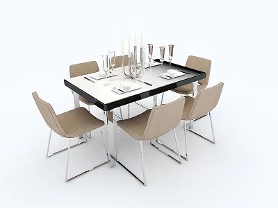 Modern Dining Table Set With Beige Chairs Metal Legs Wine Glasses And Candle Holders 3d model