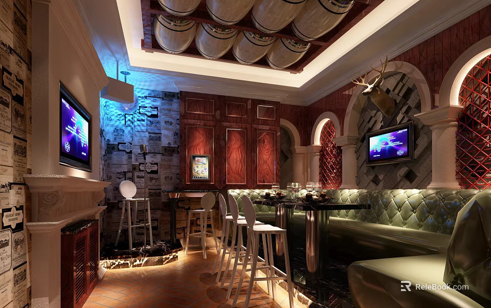 Modern KTV Interior With Decorative Barrel Ceiling TVs Sofas And Bar Stools 3d model